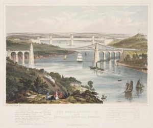 Die Menai-Hängebrücke und die Britannia-Röhrenbrücke, ca. 1855